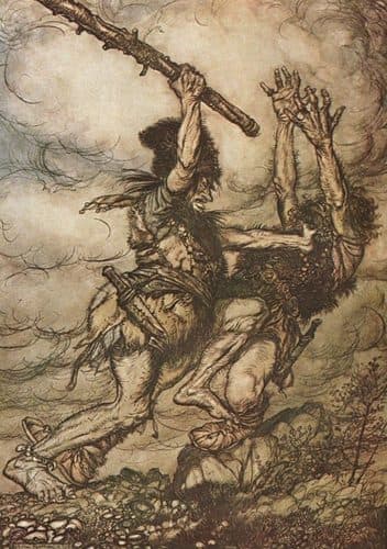 Fafner kills his brother Fasolt to get the powerful ring for himself.Illustration to Richard Wagner's Das Rheingold. — Arthur Rackham