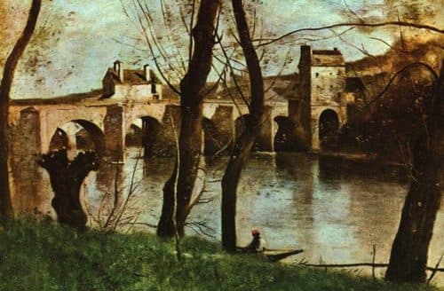 French:  Le pont de Mantes. The Bridge at Manteslabel QS:Lfr,"Le pont de Mantes"label QS:Len,"The Bridge at Mantes" — Camille Corot