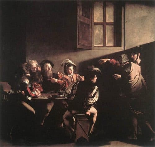 The Calling of Saint Matthew label QS:Len,"The Calling of Saint Matthew"label QS:Lnl,"De roeping van Matteüs" — Caravaggio