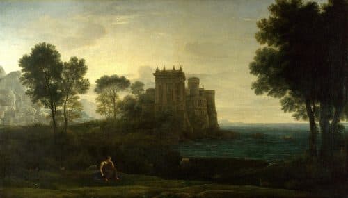 German:  Landschaft mit Psyche und dem Palast des Amor The Enchanted Castle / Landscape with Psyche outside the Palace of Cupidlabel QS:Len,"The Enchanted Castle / Landscape with Psyche outside the Palace of Cupid" — Claude Lorrain
