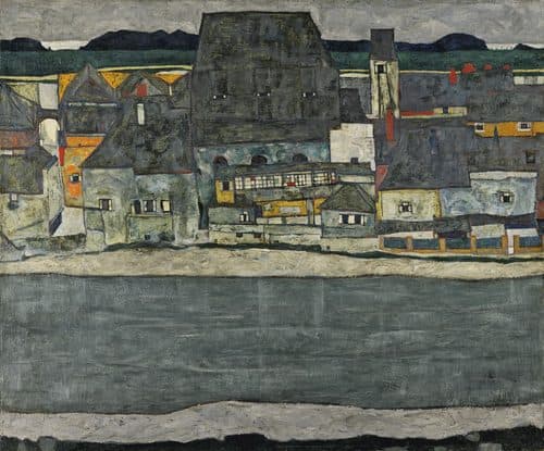 German:  Häuser am Fluss (Die alte Stadt II) Houses on the River (The Old Town)title QS:P1476,de:"Häuser am Fluss (Die alte Stadt II) "label QS:Lde,"Häuser am Fluss (Die alte Stadt II) "label QS:Les,"Casas junto al río. La ciudad vieja"label QS:Len,"Houses on the River (The Old Town)"label QS:Lhe,"בתים על הנהר (העיר העתיקה)" — Egon Schiele