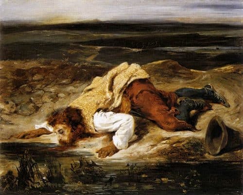 Wounded Brigand (Roman Shepherd)label QS:Len,"Wounded Brigand (Roman Shepherd)"label QS:Lde,"Verletzter Brigant (Römischer Hirte)"label QS:Lfr,"Brigand blessé (Pâtre romain)" — Eugène Delacroix