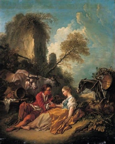 Boucher - A Pastoral Landscape with a Shepherd and Shepherdess seated by Ruins — François Boucher