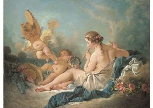 Boucher - A RECLINING NYMPH PLAYING THE FLUTE WITH PUTTI, PERHAPS THE MUSE EUTERPE, 1752 — François Boucher