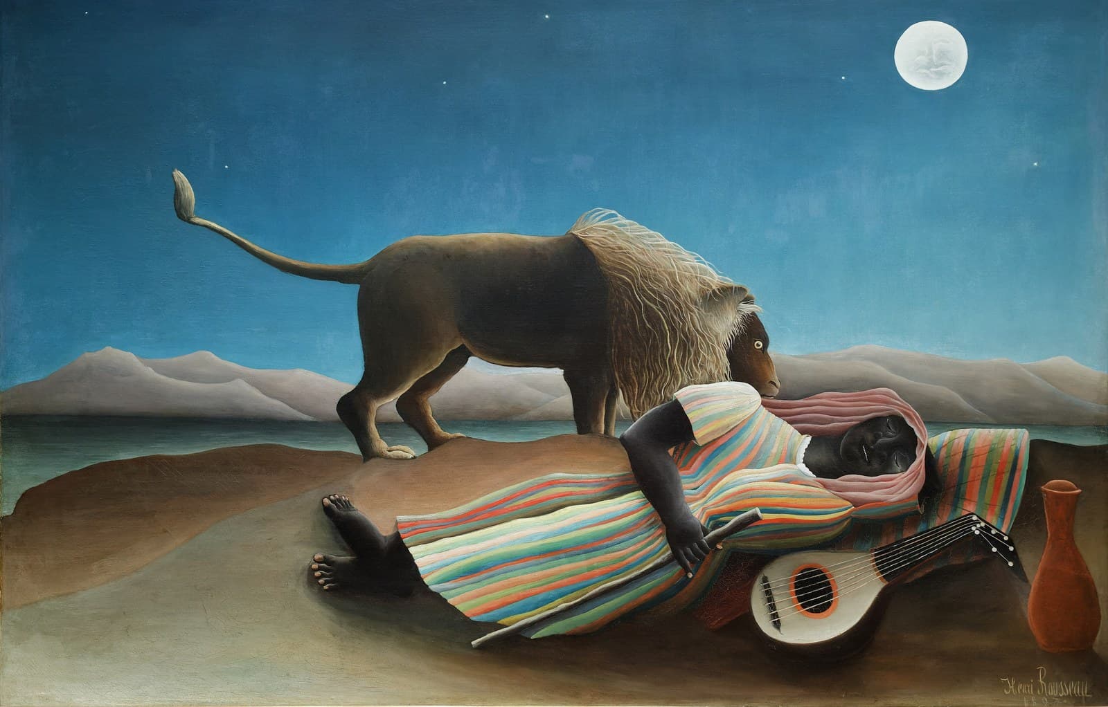 French:  La Bohémienne endormieThe Sleeping Gypsytitle QS:P1476,fr:"La Bohémienne endormie"label QS:Lfr,"La Bohémienne endormie"label QS:Len,"The Sleeping Gypsy" — Henri Rousseau