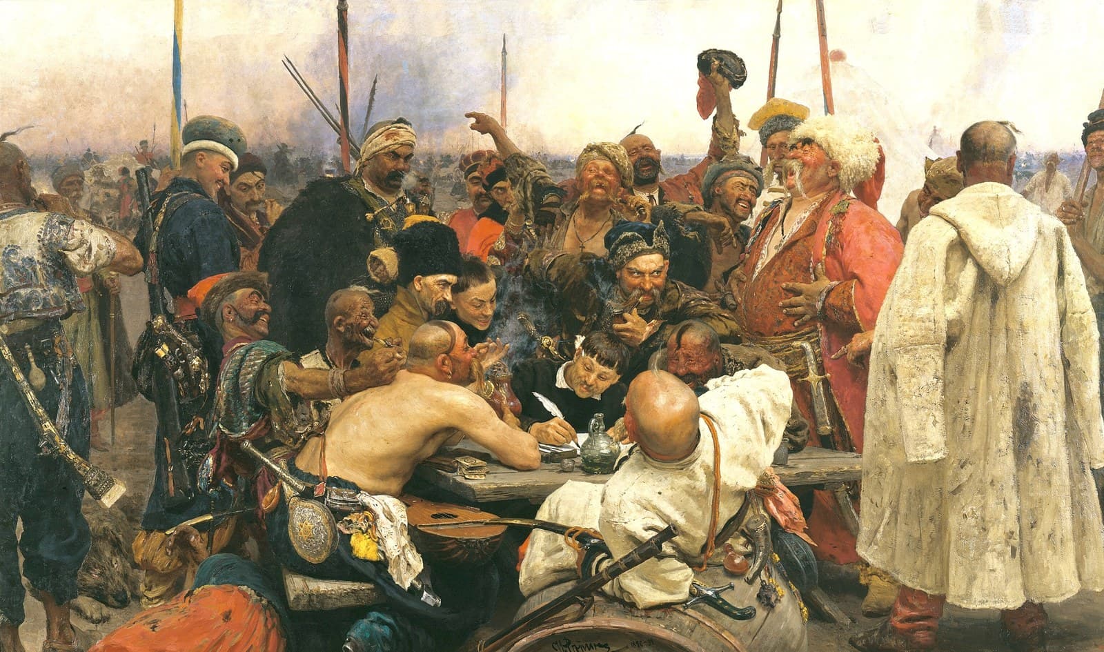Russian:  «Запорожцы»The Zaporozhian Cossacks write a letter to the Sultan of Turkeytitle QS:P1476,ru:"Запорожцы"label QS:Lru,"Запорожцы"label QS:Ltr,"Zaporojtsi: Türk sultanına mektubu yazan Zaporojya Kazakları adıyla da bilinen tablo. Etnolog Dmitri Yavorinitski'nin araştırmasından esinlenen İlya Repin, 1880'de skeçe başladı ve 1891'de tamamladı. (Rusya Müzesi, Sankt Petersburg)"label QS:Luk,"Запорожці"label QS:Lfr,"Les Cosaques zaporogues écrivant une lettre au sultan de Turquie"label QS:Len,"The Zaporozhian Cossacks write a letter to the Sultan of Turkey"label QS:Lfi,"Zaporogit kirjoittavat pilkkakirjettä Turkin sulttaanille"label QS:Lde,"Die Saporoger Kosaken schreiben dem türkischen Sultan einen Brief"label QS:Lit,"I cosacchi di Zaporižžja scrivono una lettera al Sultano di Turchia"label QS:Les,"Los cosacos Zaporogos le escriben una carta al Sultán de Turquía"label QS:Lpl,"Zaporożcy piszą do sułtana tureckiego"label QS:Lpt,"A Resposta dos Cossacos Zaporogos ao Sultão da Turquia" — Ilya Repin