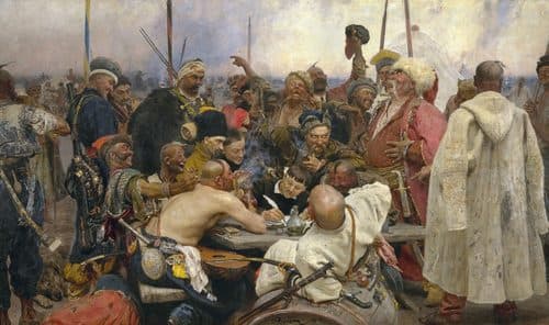 Zaporozhye Cossacks label QS:Lfr,"Les Cosaques zaporogues écrivant une lettre au sultan de Turquie"label QS:Len,"The Zaporozhye Cossacks Replying to the Sultan"label QS:Lde,"Saporoschzen schreiben dem türkischen Sultan einen Brief" — Ilya Repin