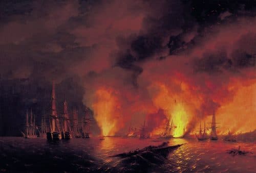 Russian:  «Синопский бой 18 ноября 1853 года (Ночь после боя)»The Battle of Sinop on 18 November 1853 (Night after Battle).title QS:P1476,ru:"Синопский бой 18 ноября 1853 года (Ночь после боя)"label QS:Lru,"Синопский бой 18 ноября 1853 года (Ночь после боя)"label QS:Lit,"La flotta russa distrugge quella ottomana nella battaglia navale di Sinope"label QS:Lfr,"La Bataille de Sinope, le 18 novembre 1853 (Nuit après la bataille)."label QS:Len,"The Battle of Sinop on 18 November 1853 (Night after Battle)." — Ivan Aivazovsky