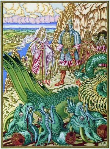 Dobrynya Nikitich rescues Zabava from the Gorynych, 1941 — Ivan Bilibin