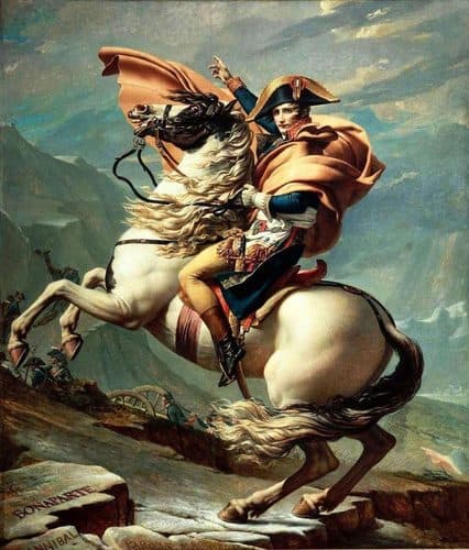 French:  Bonaparte franchissant les Alpes au Grand-Saint-Bernard Napoleon Crossing the Alpstitle QS:P1476,fr:"Bonaparte franchissant les Alpes au Grand-Saint-Bernard "label QS:Lfr,"Bonaparte franchissant les Alpes au Grand-Saint-Bernard "label QS:Les,"Napoleón cruzando los Alpes"label QS:Lde,"Bonaparte beim Überschreiten der Alpen am Großen Sankt Bernhard"label QS:Len,"Napoleon Crossing the Alps"label QS:Lit,"Napoleone attraversa il passo del Gran San Bernardo"label QS:Lnl,"Napoleon Bonaparte steekt de Alpen over op de Grand Saint Bernard" — Jacques-Louis David