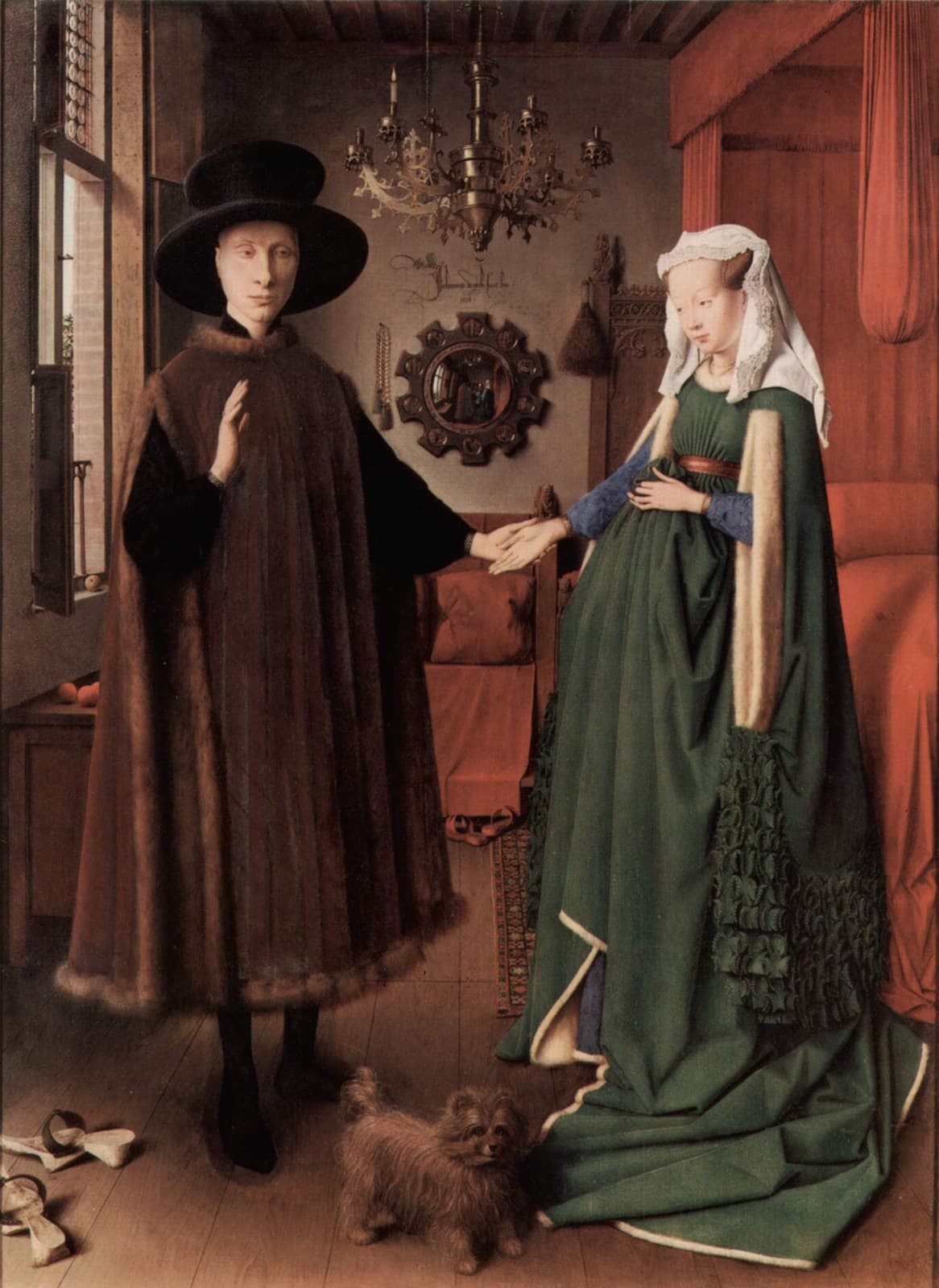 Untitled, known in English as The Arnolfini Portrait, The Arnolfini Wedding, The Arnolfini Marriage, The Arnolfini Double Portrait, or Portrait of Giovanni Arnolfini and his Wife. — Jan van Eyck