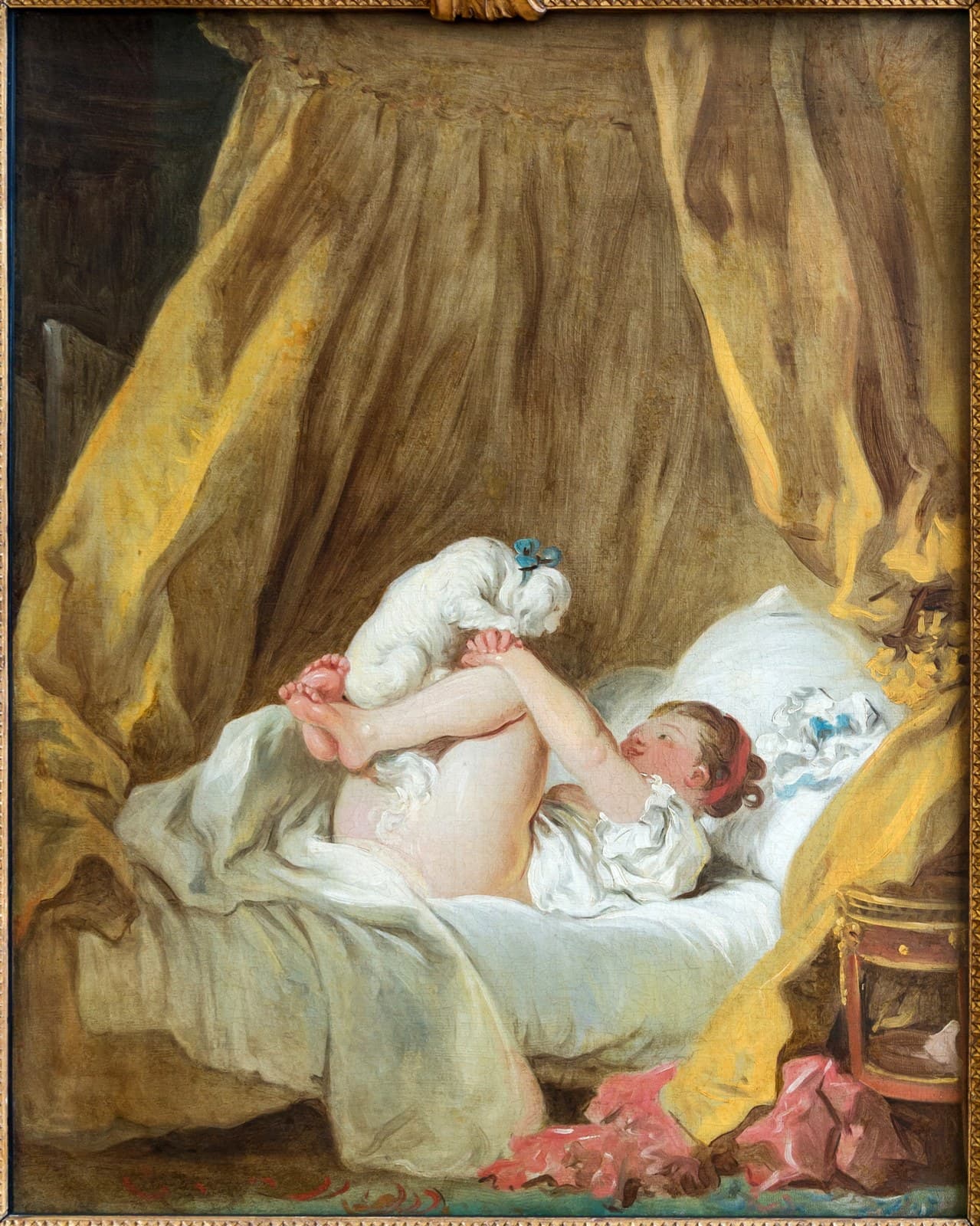 "Jeune fille dans son lit, faisant danser son chien" — Jean-Honoré Fragonard