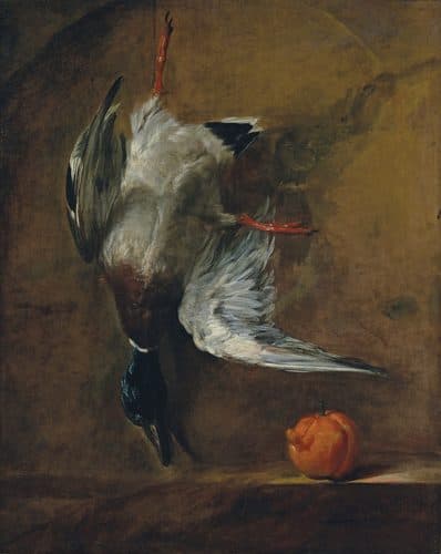 Jean-Baptiste Siméon CHARDIN Un canard col-vert attaché à la muraille et une bigarade — Jean-Siméon Chardin