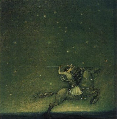 "Once upon a time there was a prince riding in the moonlight" is the caption to this image by John Bauer when it was printed in Helena Nyblom's fairy tale "The Ring" — John Bauer