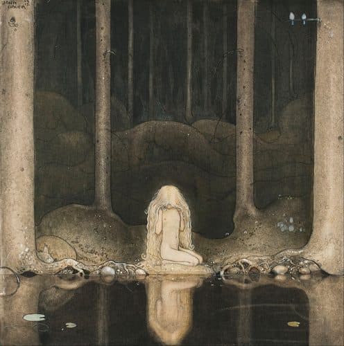 Princess Tuvstarr gazing down into the dark waters of the forest tarn.title QS:P1476,en:"Princess Tuvstarr gazing down into the dark waters of the forest tarn."label QS:Len,"Princess Tuvstarr gazing down into the dark waters of the forest tarn." — John Bauer