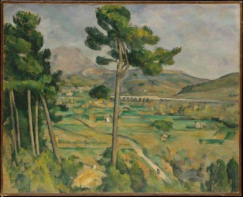 French:  La Montagne Sainte-Victoire vue de Montbriand Mont Sainte-Victoire and the Viaduct of the Arc River Valleylabel QS:Len,"Mont Sainte-Victoire and the Viaduct of the Arc River Valley"label QS:Lde,"Montagne Sainte-Victoire, von Bellevue aus gesehen" — Paul Cézanne