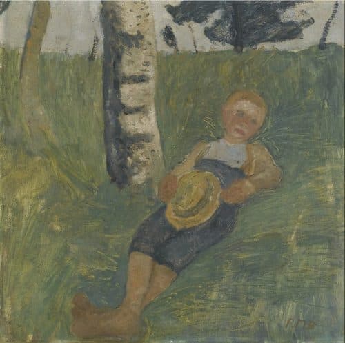 Junge am Birkenstamm im Gras liegend (Young man lying in grass next to a birch tree) — Paula Modersohn-Becker