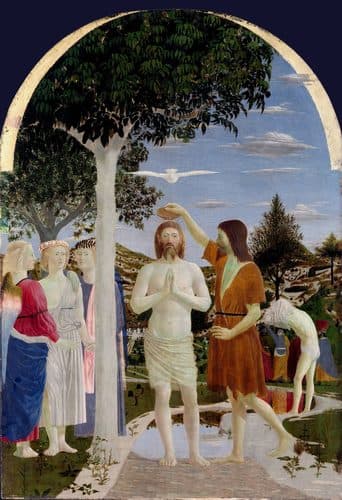 The Baptism of Christ label QS:Len,"The Baptism of Christ
label QS:Lit,"Battesimo di Cristo"
label QS:Lfr,"Le Baptème du Christ"
label QS:Lca,"El bateig de Crist"
label QS:Lde,"Taufe Christi"
label QS:Lpt,"O Batismo de Cristo"
label QS:Lda,"Kristi dåb"
label QS:Lsl,"Jezusov krst"
label QS:Lja,"キリストの洗礼"
label QS:Lno,"Jesu dåp"
label QS:Lpl,"Chrzest Jezusa"
label QS:Lnl,"de Doop van Christus"
label QS:Les,"Bautismo de Cristo"
label QS:Lsv,"Dop av Kristus"
label QS:Len,"The Baptism of Christ"
label QS:Lru,"Крещение Иисуса"
label QS:Lmk,"Крштевањето на Исус"
label QS:Lcy,"Bedydd Crist""label QS:Lar,"معموديَّة المسيح" — Piero della Francesca