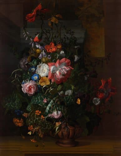Roses, Convolvulus, Poppies, and Other Flowers in an Urn on a Stone Ledge — Rachel Ruysch