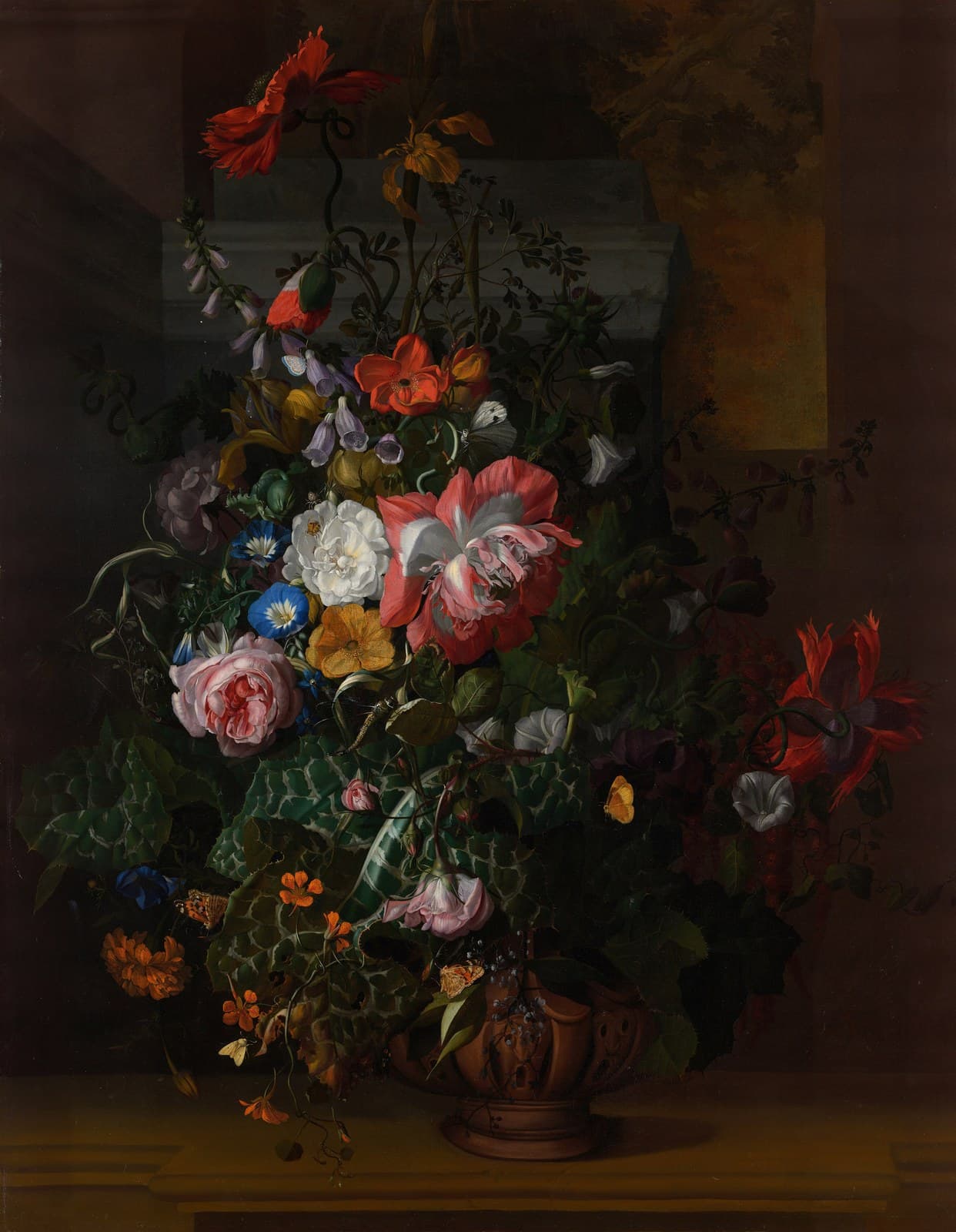 Roses, Convolvulus, Poppies, and Other Flowers in an Urn on a Stone Ledge — Rachel Ruysch