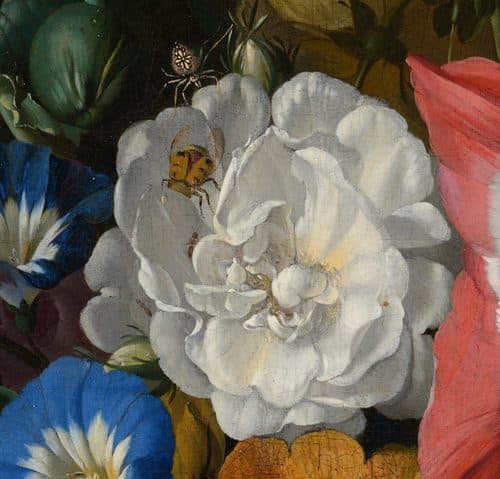 Roses, Convolvulus, Poppies, and Other Flowers in an Urn on a Stone Ledge — Rachel Ruysch