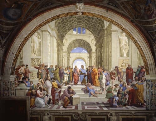 Stanza della Segnatura im Vatikan für Papst Julius II., Wandfresko: Die Schule von Athen — Raphael