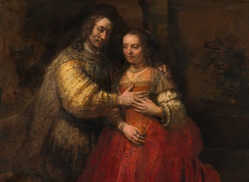 The Jewish Bride label QS:Len,"Portrait of a couple as figures from the Old Testament, known as ‘The Jewish bride’."label QS:Lnl,"Portret van een paar als Oud-Testamentische figuren, genaamd ‘Het Joodse bruidje’." — Rembrandt