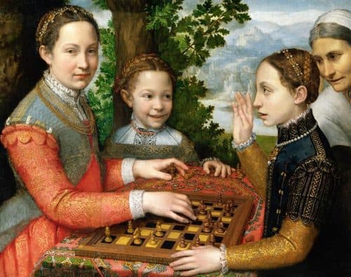 The Chess Game (Portrait of the artist's sisters playing chess).label QS:Lfr,"La Partie d'échecs (Portrait des sœurs de l'artiste jouant aux échecs)."label QS:Lpl,"Partia szachów (Portret sióstr artystki grających w szachy)."label QS:Len,"The Chess Game (Portrait of the artist's sisters playing chess)." — Sofonisba Anguissola